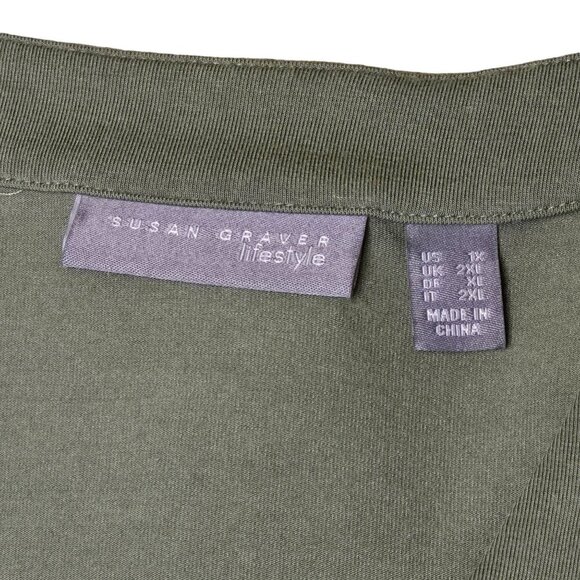Susan Graver Lifestyle Women Liquid Knit Tunic Top 1XL Green Long Sleeve V-Neck - Picture 2 of 5